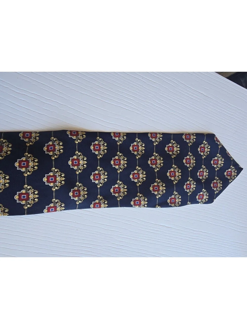 Vintage Italy Silk Necktie Navy Red Gold Geometric Medallion Wide Tie